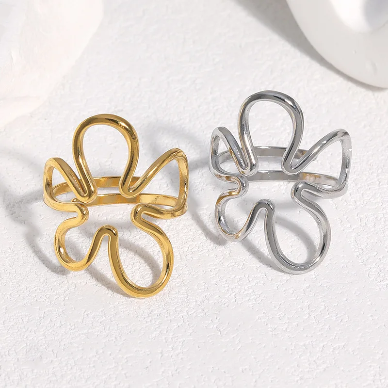 Simple Hollow Flower Open Ring Gold and Silver Abstract Flower Stainless Steel Ring Trendy Jewelry for Women's Daily Dating Wear