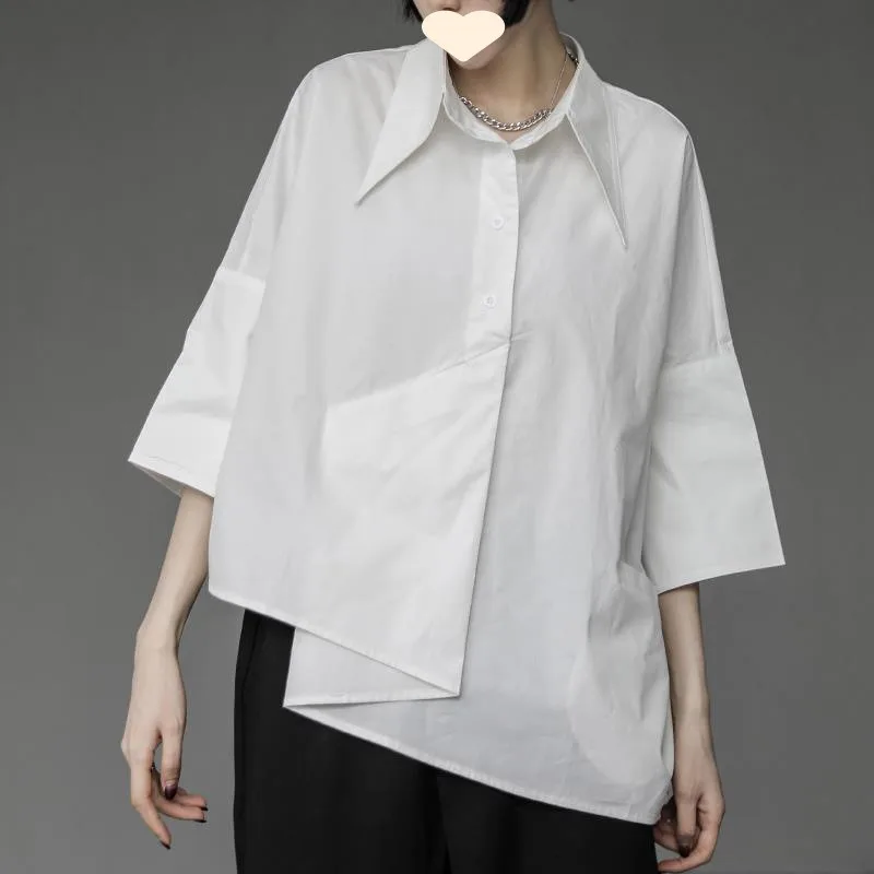 Women Men Shirt Three Quarter Sleeve Blouse Irregular Hem Single-breasted Solid Color Korean Loose Lapel Summer Spring Shirt Top