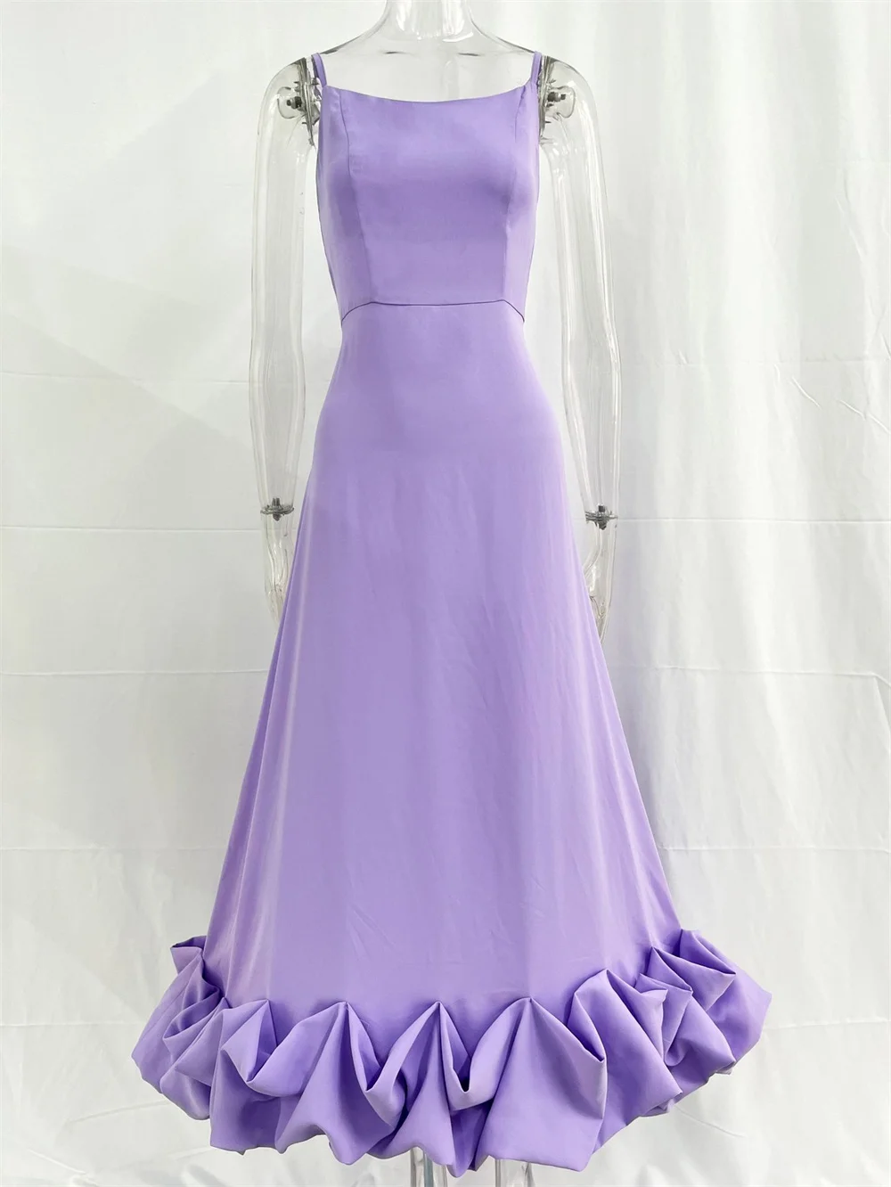 Women Flower Hem Pleated Spaghetti Strap Dress Elegant Solid Sleeveless A-line Backless Dress Female Party Vestidos