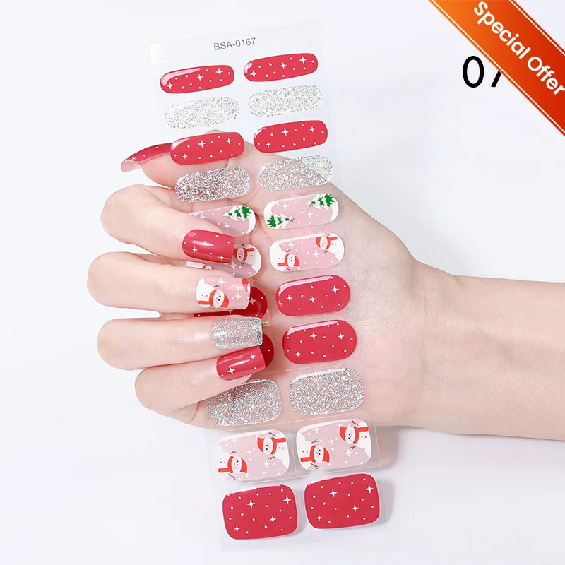 

16/20/22Tips Christmas Gel Nail Stickers Cartoon Glitter Nail Supplies Semi Cure Nail Decals DlY Snowflake Xmas Nail Accessories