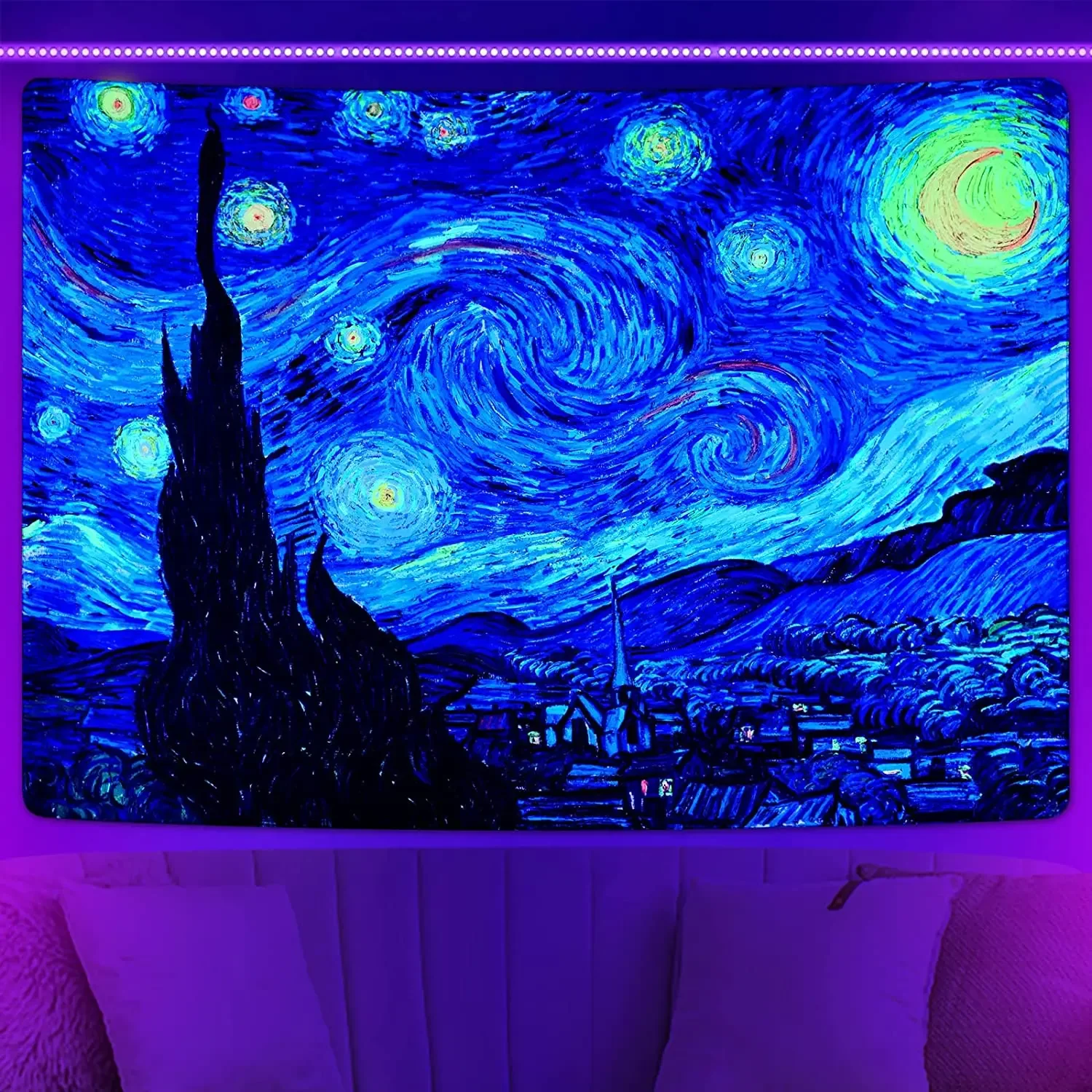 Blacklight Galaxy Moon Tapestry Trippy Plant Floral UV Reactive Neon Mountain Forest Psychedelic Wall Tapestrie for Room Decor