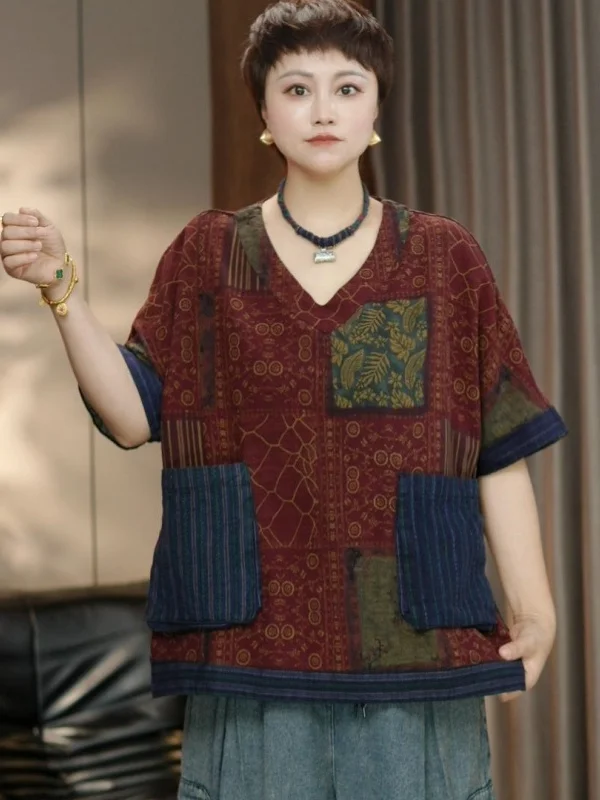 

Summer New Retro Chinese Sle Patchwork Color Blo Print ort Sve Casual Slimming Large ket T-irt Women's Faion