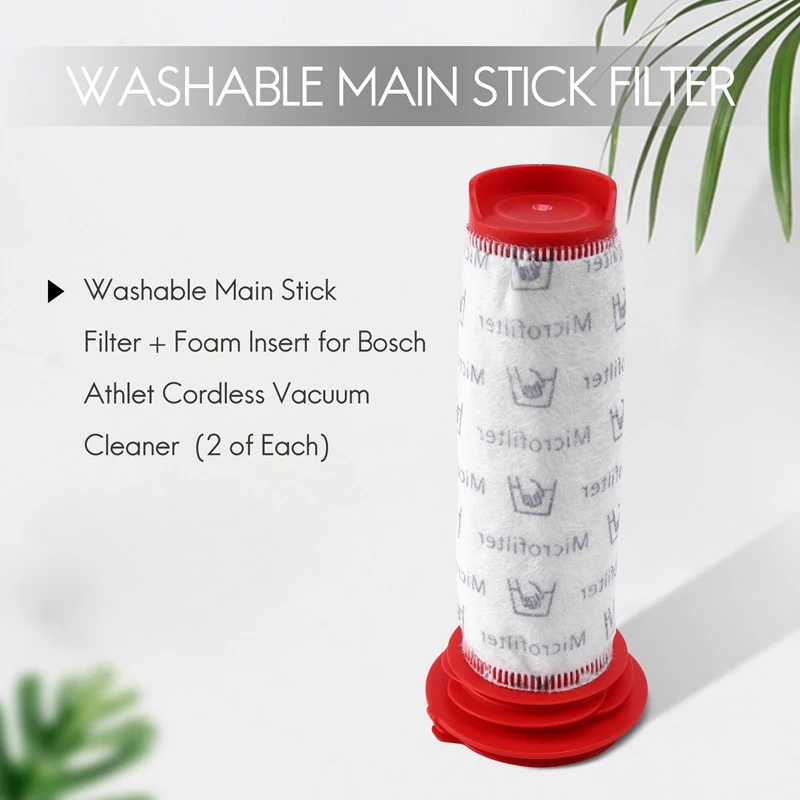 Washable Main Stick Filter + Foam Insert For  Athlet Cordless Vacuum Cleaner (2 Of Each)