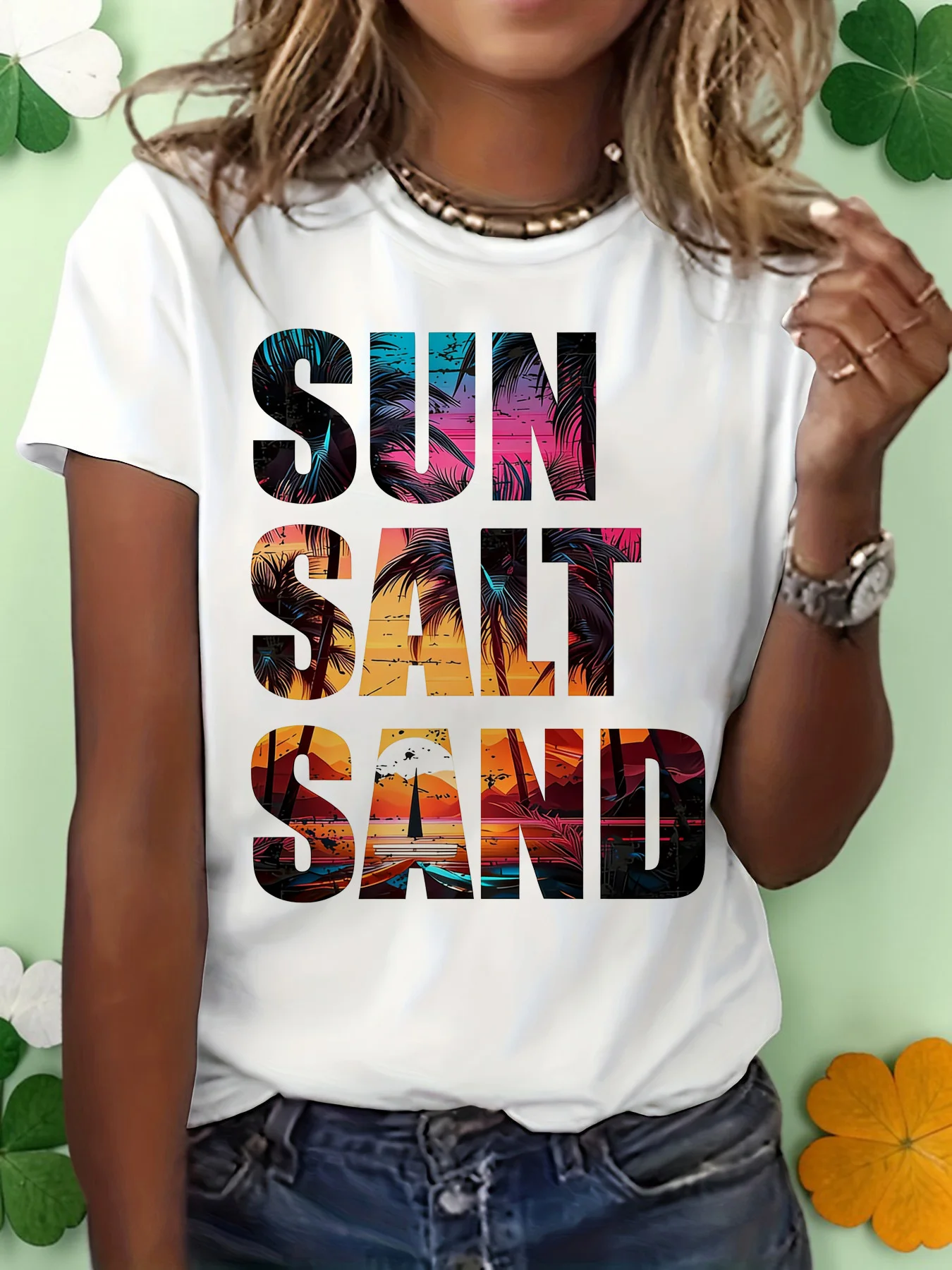 Casual short-sleeve crew neck women's T-shirt with 