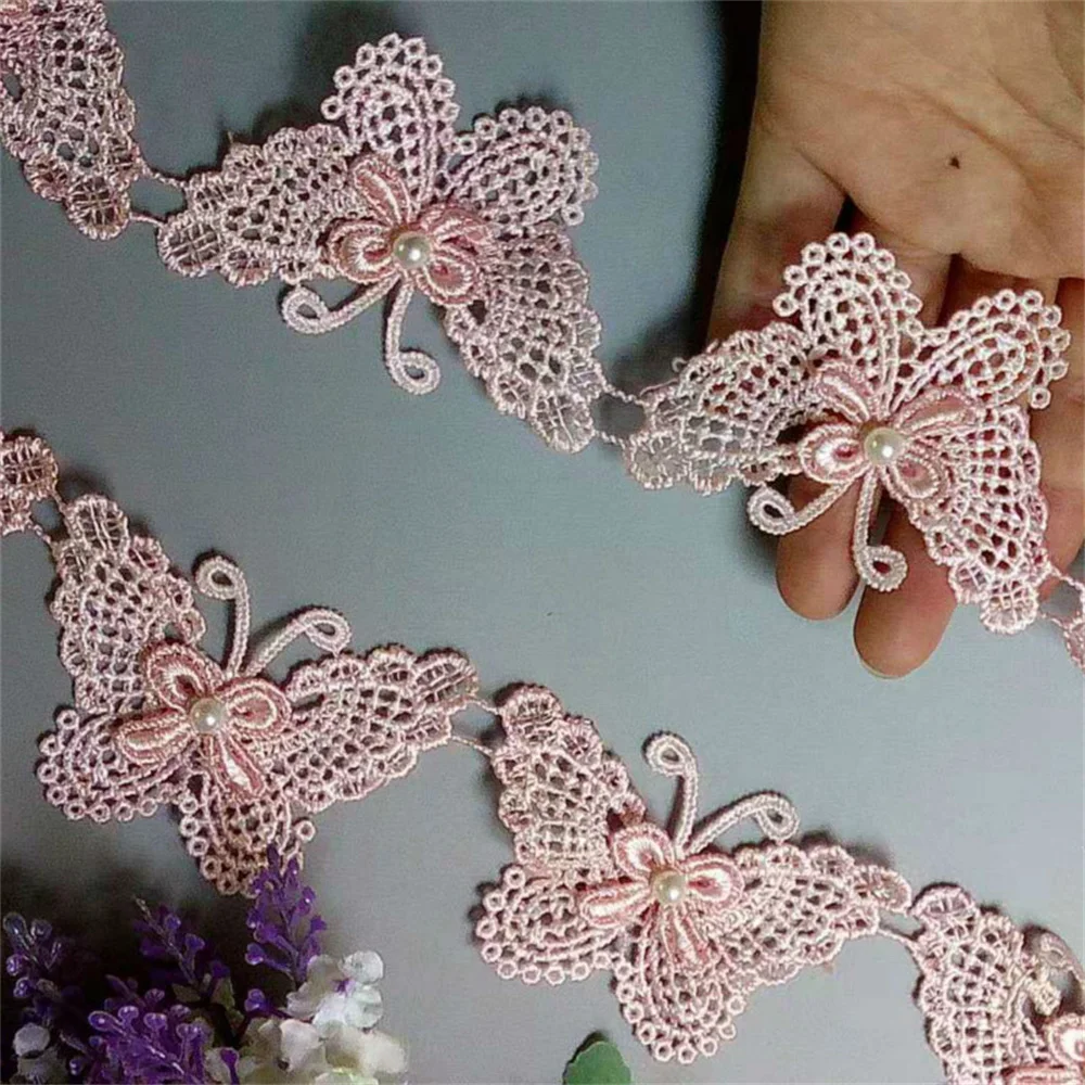 1 yard Pink Butterfly Flower Soluble Organza Lace Trim Wedding Embroidered Handmade Patchwork Ribbon Sewing Supplies Craft