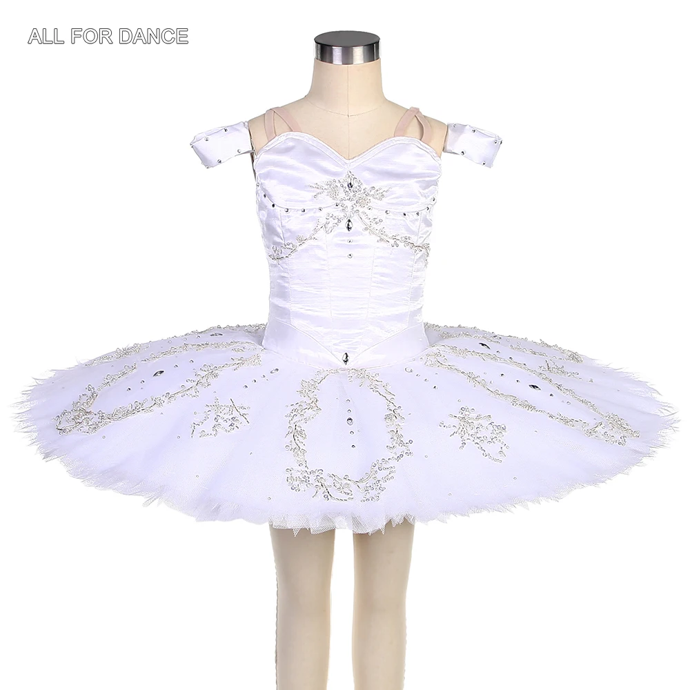 B22215 White Professional Ballet Dance Tutu with Silver Applique Pancake Tutus for Adult Girls Ballerina Solo Costume