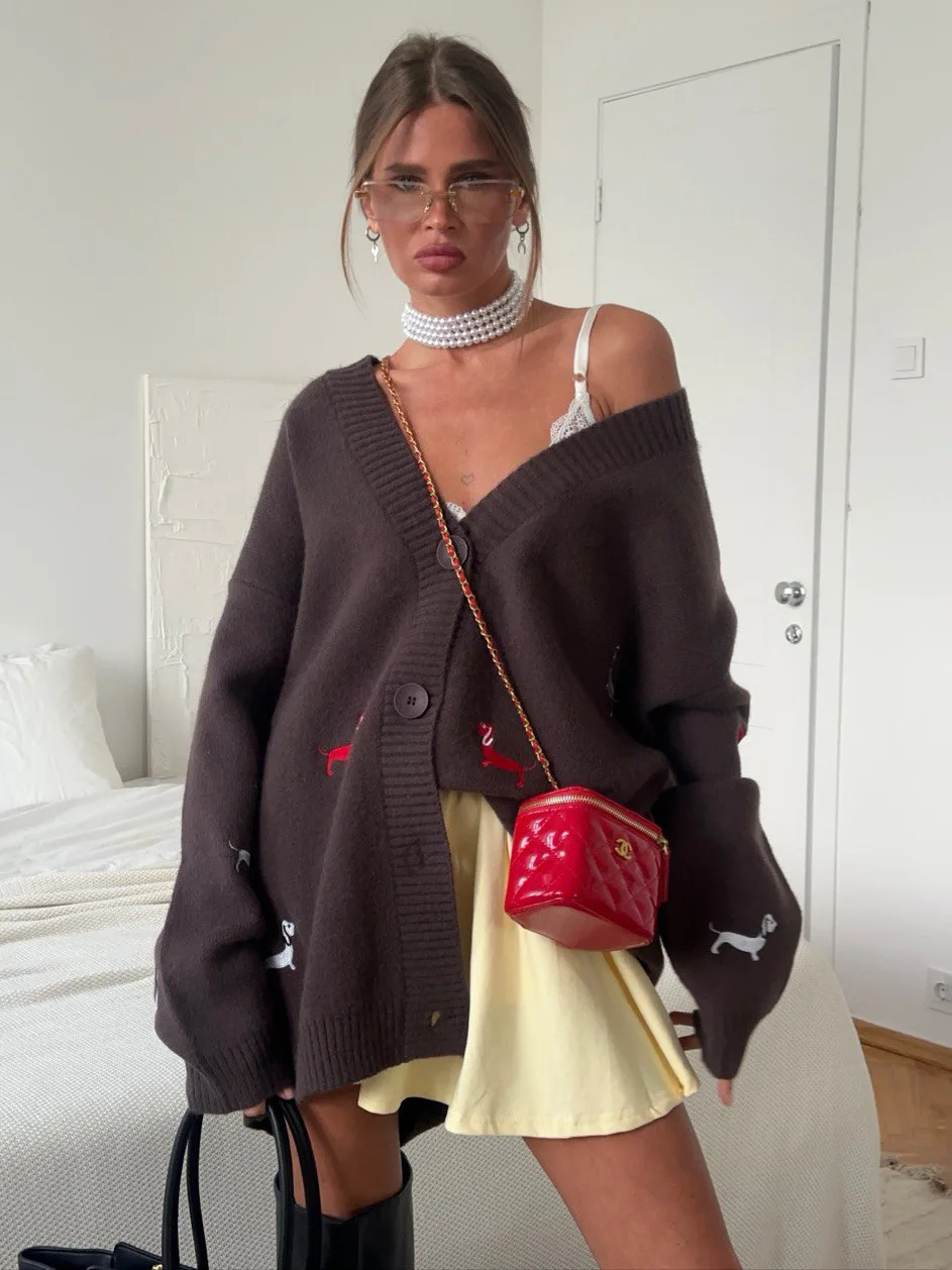 

Повседневный женский кардиган с принтом, элегантный однобортный женский свитер с v-образным вырезом и длинными рукавами, осень 202, женская универсальная верхняя одежда, новинка