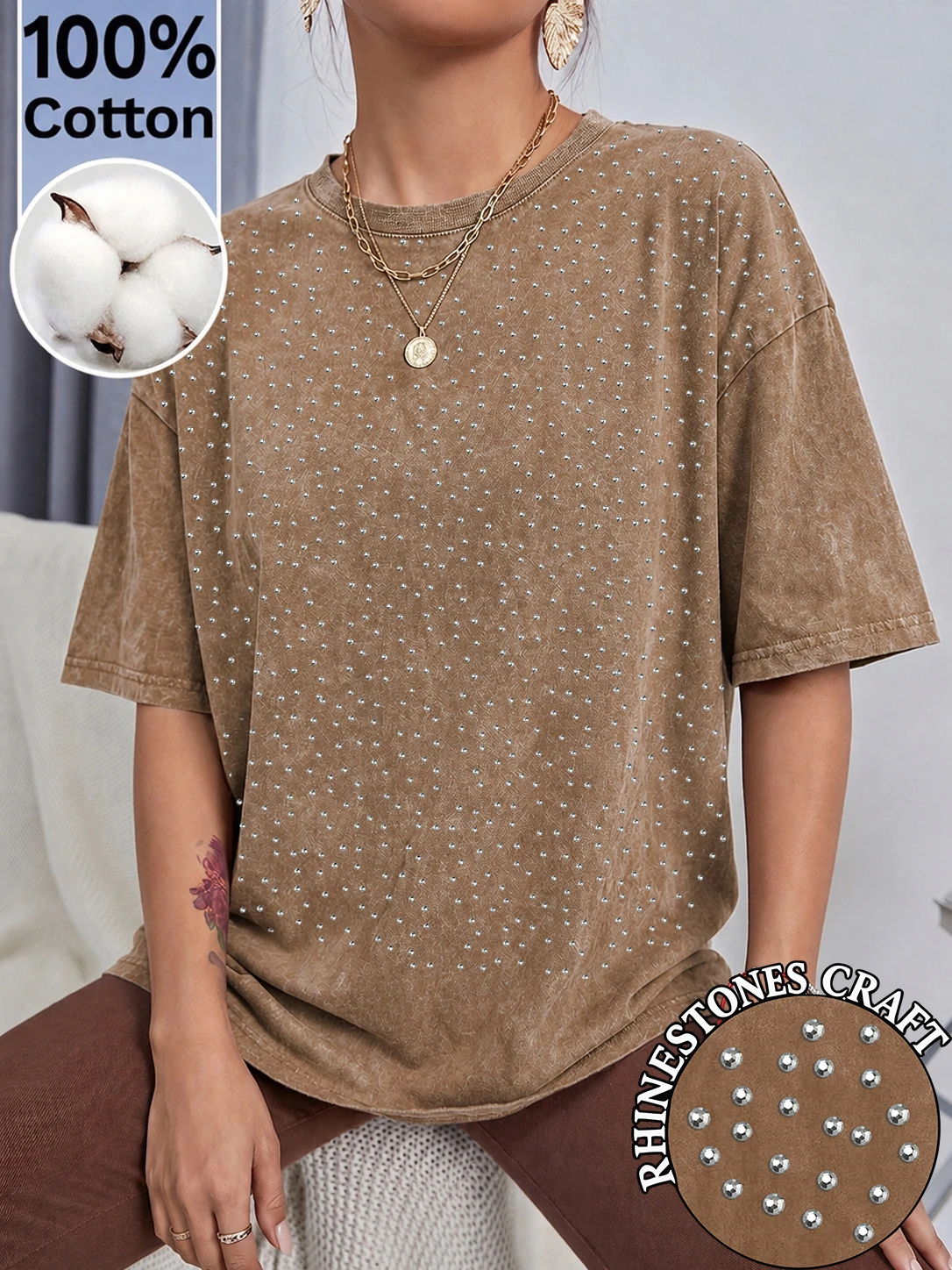 Vacation Solid Color Rhinestone Craft Washed T-Shirt Women Summer Casual T Shirts Cotton Running Streetwear Loose Crewneck Tops