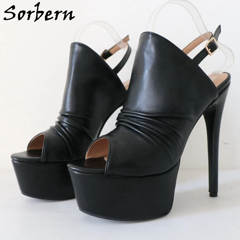 

Sorbern Black Slingback Women Pump Shoes Mules Pleated Open Toe 15Cm High Heel 4Cm Platform Stilettos Custom Multi Color