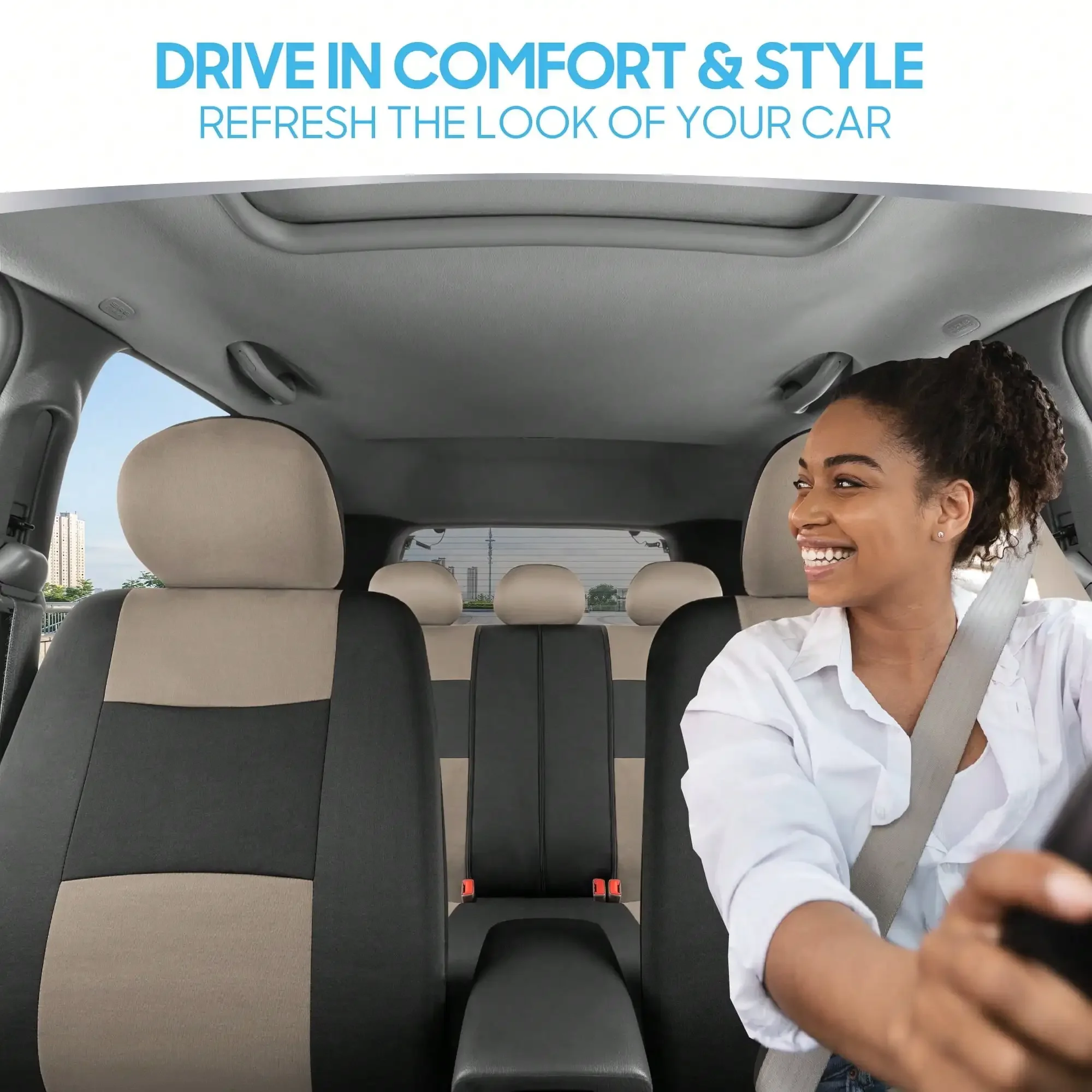 أغطية مقاعد السيارة، بيج رملي/أسود، أغطية مقاعد أمامية وخلفية قابلة للفصل، سهلة التركيب، مقاومة للبقع والماء