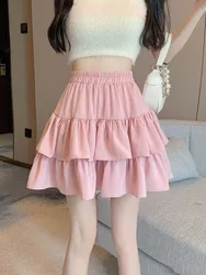 2024 New Ruffled Cake Skirts Women High Waist A-line Solid All-match Sweet Lovely Girl Korean Gentle Spring Kawaii Casual Skirts