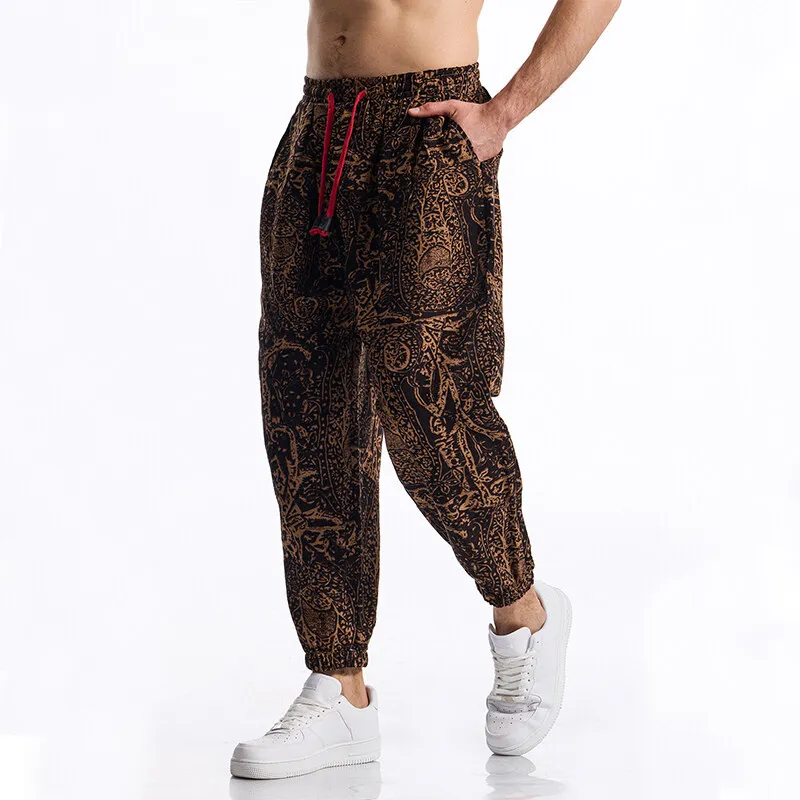 Men's Casual Drawstring Boho Tribal Print Pants Outdoor Activities Sweatpants Summer Cotton Linen Running Jogger Tracksuit Pants
