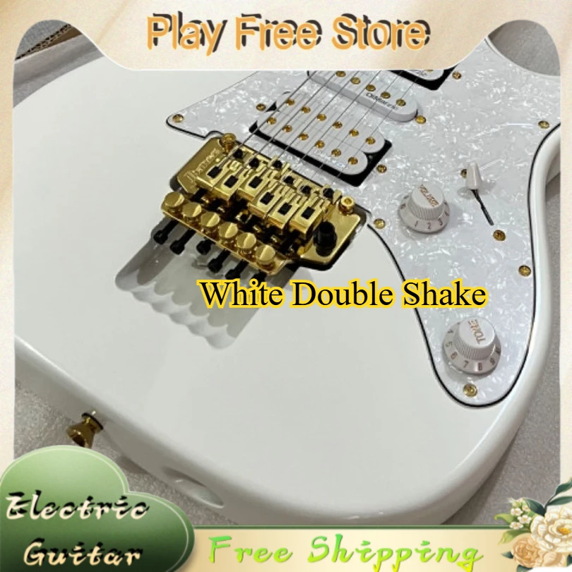 

7V White Electric Guitar Double Rocking Flower Fingerboard Metal Quick Release HSH Solid Wood Guitar Body Pearl Guard Plate
