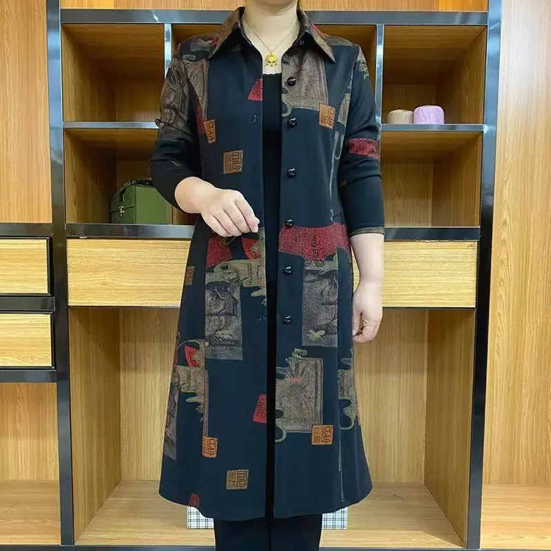 

Casual Vintage Printed Midi Trench Female Clothing Single-breasted Spring Autumn Turn-down Collar Long Sleeve Straight Jackets