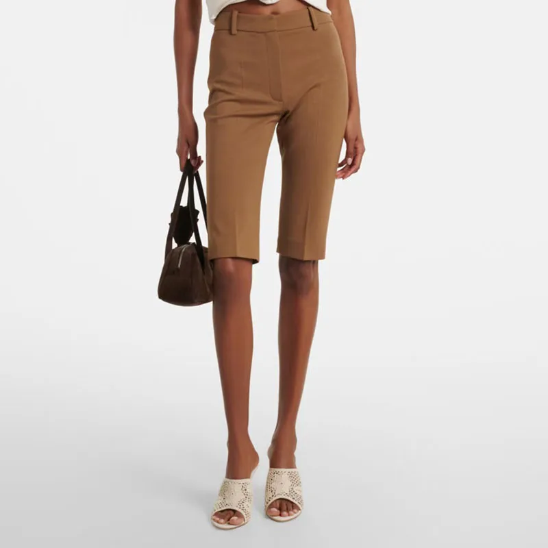 High Waist Solid Color Bermuda Shorts Women Elegant Office Wear Slim Knee Length Suit Mid Pants Daily Streetwear