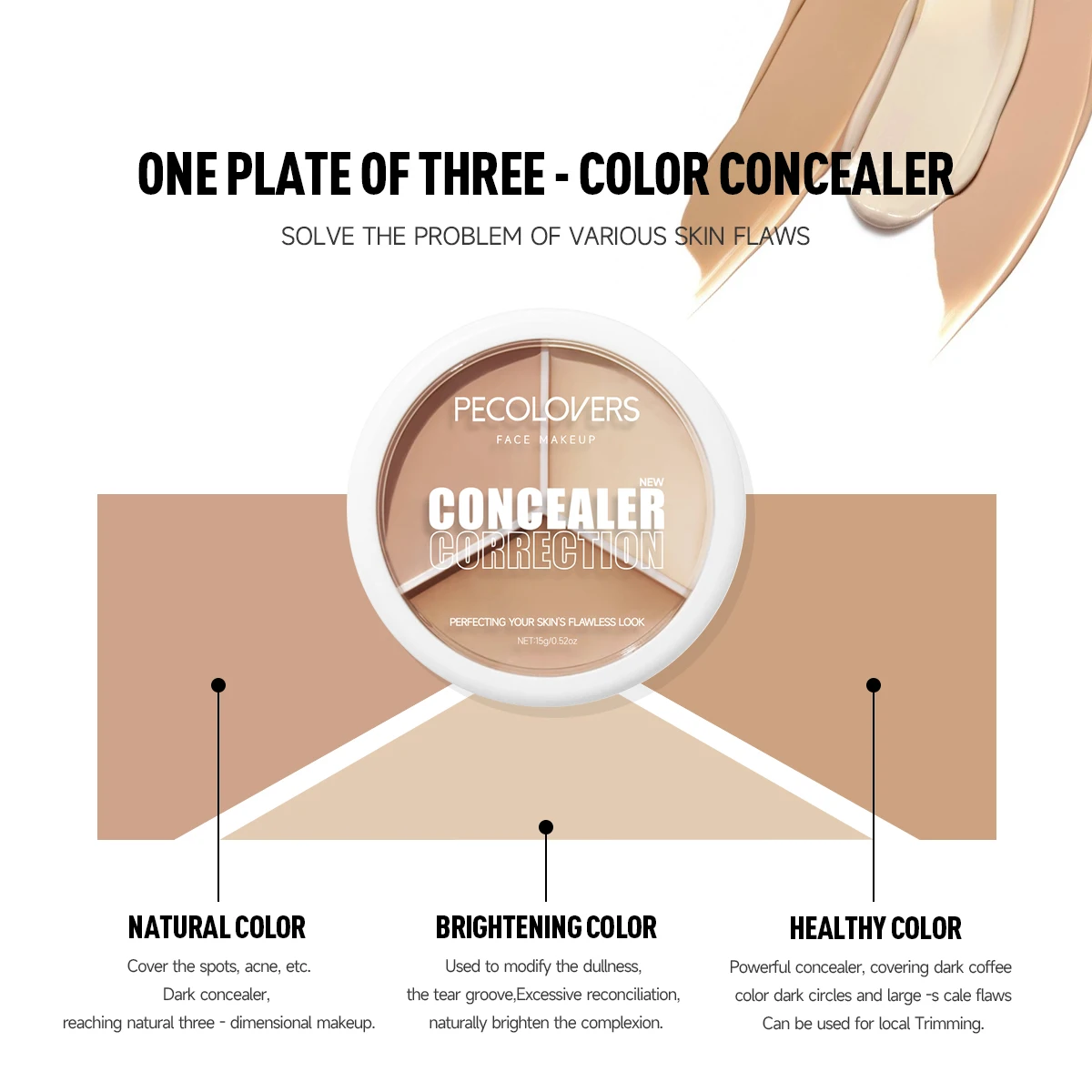 3-in-1 コンシーラー パレット、ナチュラル フィニッシュ カバレッジ、長時間保湿、保湿フェイス コンシーラー、カバー スポット、クマ