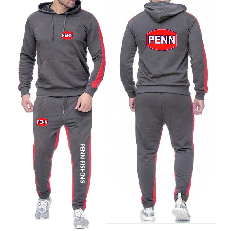 2024 Spring Autumn Men Penn Fishing Reel Logo Print Sport Solid Color Suit Popular Pullover Hoodies+Casual Sweatpant 2 Piece Set