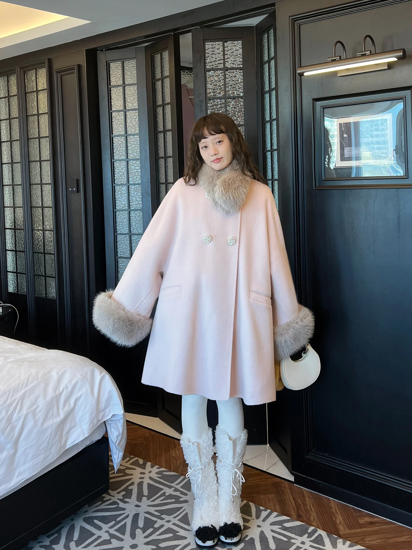 

Detachable Fur Collar Double-Faced Woolen Coat Women's 2025 Winter New Sle Pink Double-Breasted Woolen Jaet Commute Simpl...