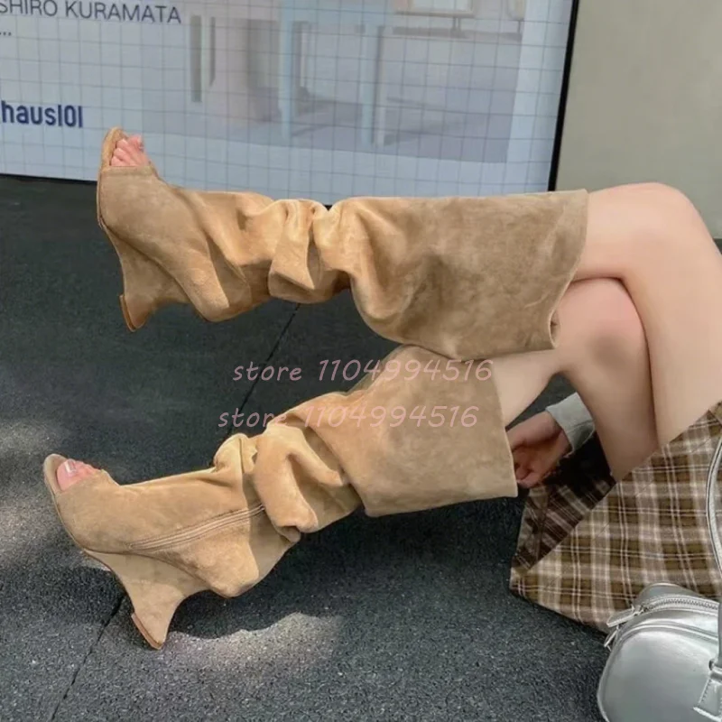 Fretwork Pleated Wedges Knee High Boots Women Side Zip Peep Toe Sandals Summer Cool Shoes Lady Sexy Evening Dress Party Shoes