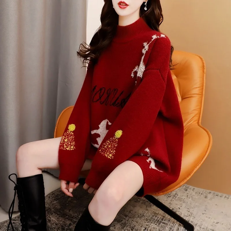 #3813 Black Red Christmas Deer Knitted Sweater Women Loose Batwing Sleeve Vintage Long Sweater Female Thick Warm Pullover Winter