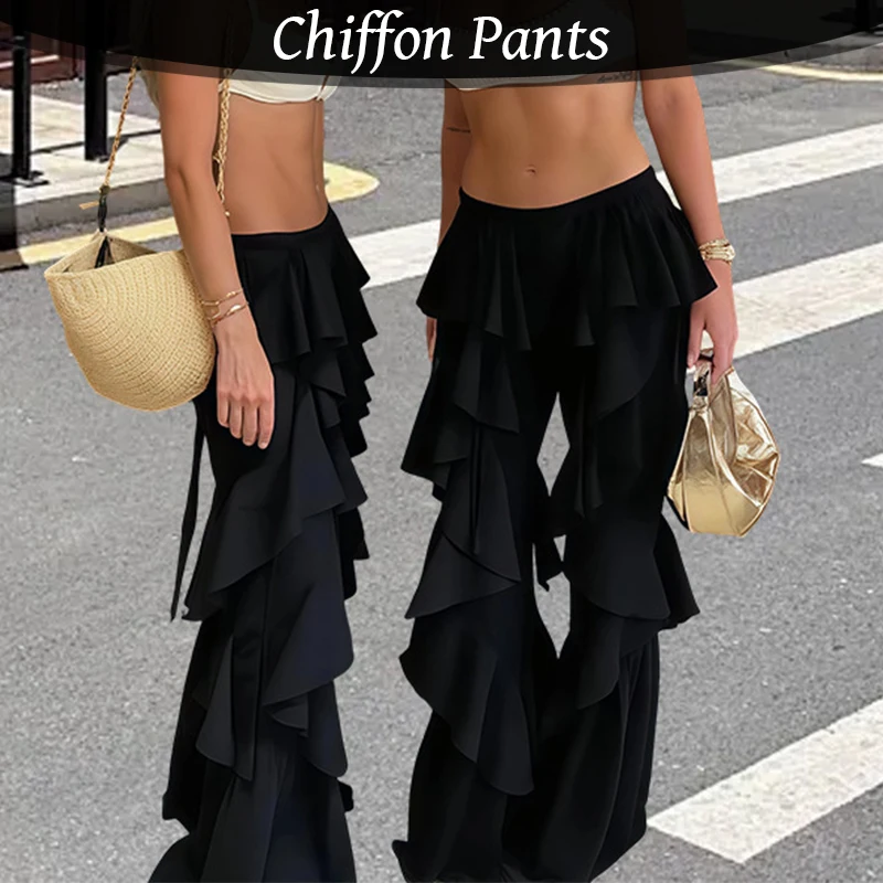 Irregular Tierred Flare Pants Women Y2K Patchwork Chiffon See Through Summer Hipster Wild Basic Streetwear Classic Trousers