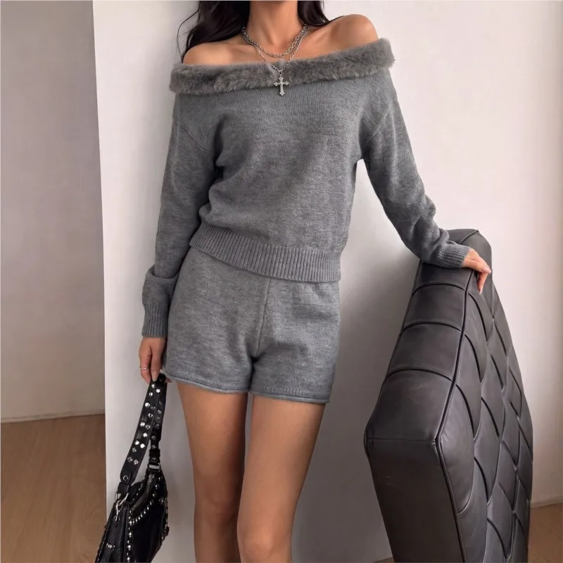 Fashion Women Plush Splice Off Shoulder Knitting Sweater Sets Casual Pullovers+Short Pants 2Piece Set Autumn Winter Loose Suits