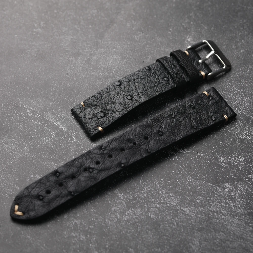Bracelet de montre en cuir d'autruche Ultra-fin fait à la main 18 19 20 21 22MM Bracelet souple noir pour hommes Bracelet en cuir de Style Vintage
