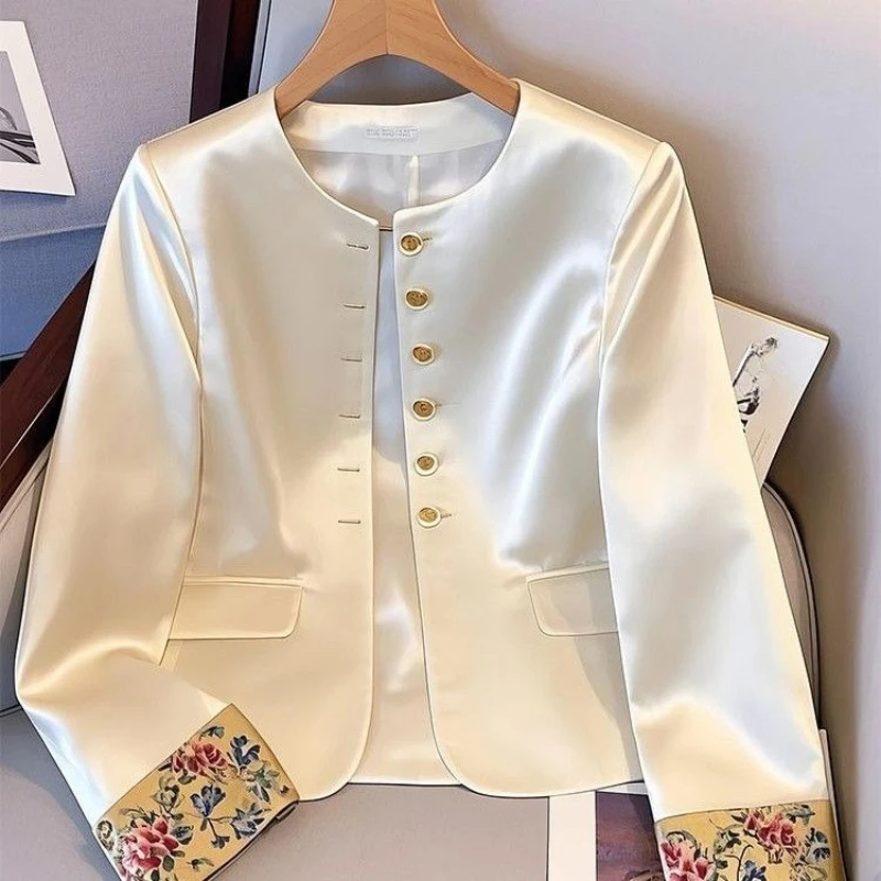 

Весенне-осенний женский китайский костюм Тан с цветочным узором в стиле пэчворк, имитация шелка, пальто для женщин, женские винтажные бежевые пальто