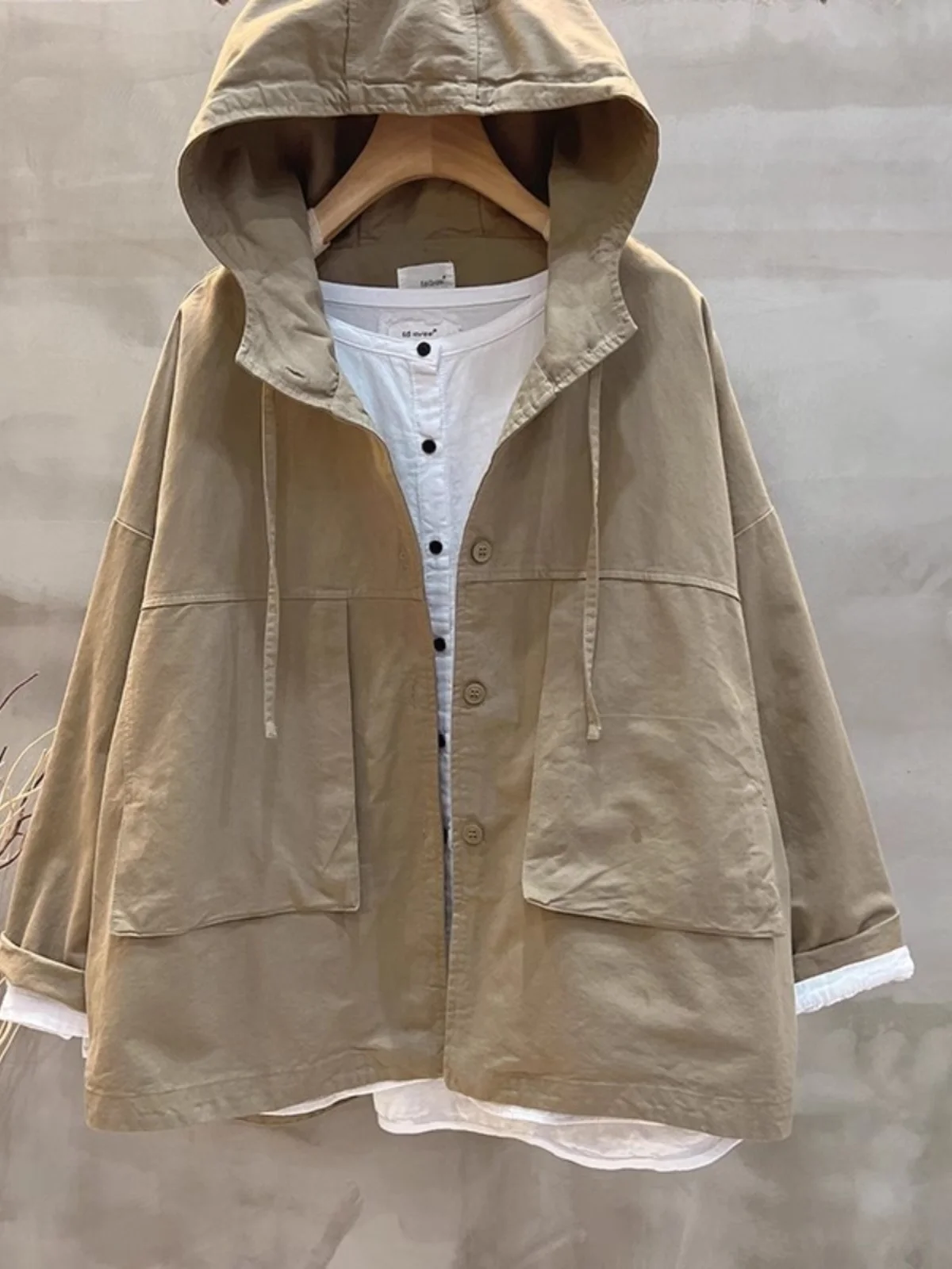 Waed Cotton Donna Casual Lungo Sve Con Cappuccio Or Jaet Colore Puro Vestibilità ampia Pendolarismo Sle Design vintage Bottone singolo