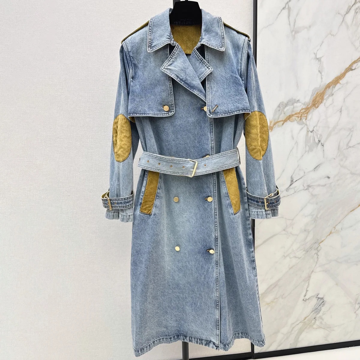 High Quality Women Long Denim Trench Coat Lapel Contrast Fabric Patchwork Belted Double Breasted Jean Overcoat lyt26101730