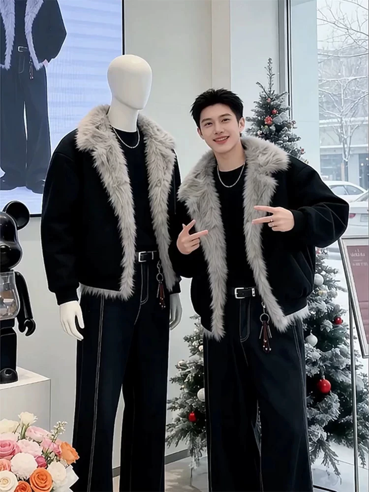 American Retro Thickened Cotton Jacket Men's Loose Casual Fashion Brand Warm Cotton Clothes with Large Fur Collar