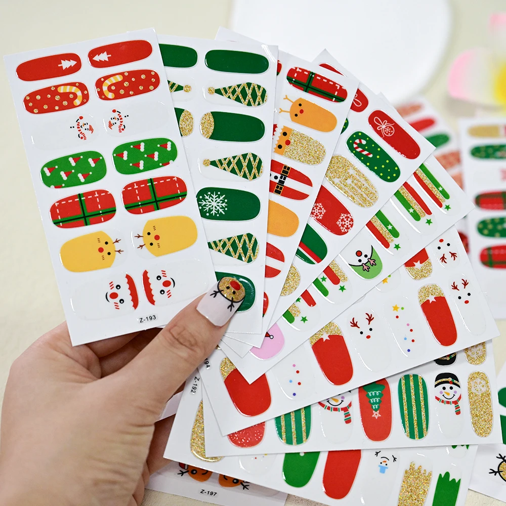 1 stks Kerst Rood Groen Volledige Cover Nail Sticker Plaid Streep Kerstman Nail Art Decals Sneeuwvlokken Cartoon Manicure Decoratie