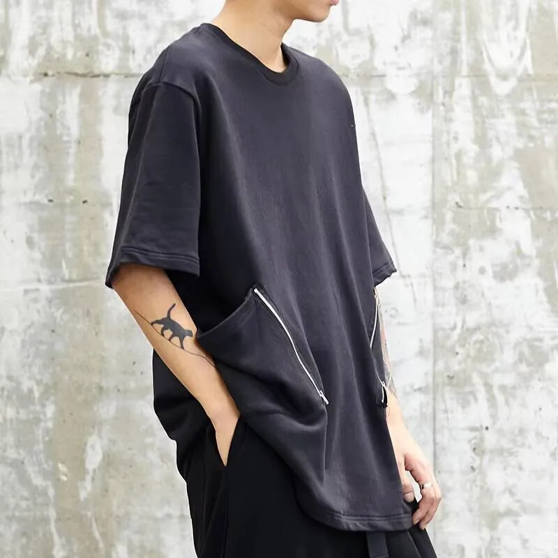 

Мужская новая повседневная свободная футболка с круглым вырезом и коротким рукавом с карманом на молнии и большим галстуком