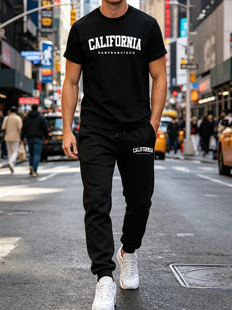 

Men's T-shirt 2 Pcs Set Casual O Neck Short Sleeve Tracksuit Outdoors Sports Jogging Clothing Single Mix and Match T-shirt Pants