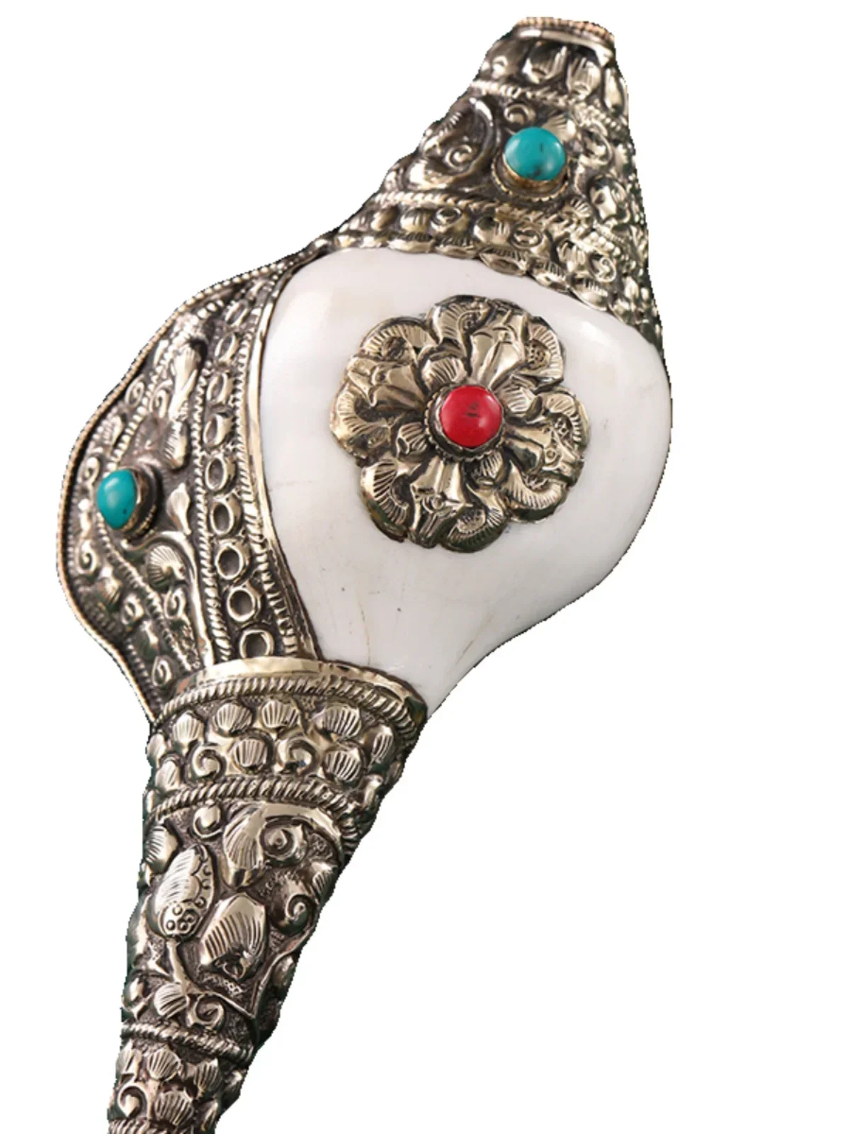 

Decorative Handmade Nepal Tibetan Old silver A Tibet Buddhism silver Inlay gem Turquoise Shell Conch Horn Trumpet Statue