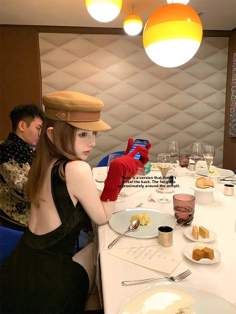 Vestido Ne DOGGYQIN Serie Miu con Lazo en el Cuello y Espalda en U, Falda Corta para Mujer, Otoño Invierno, Color Puro, Es...