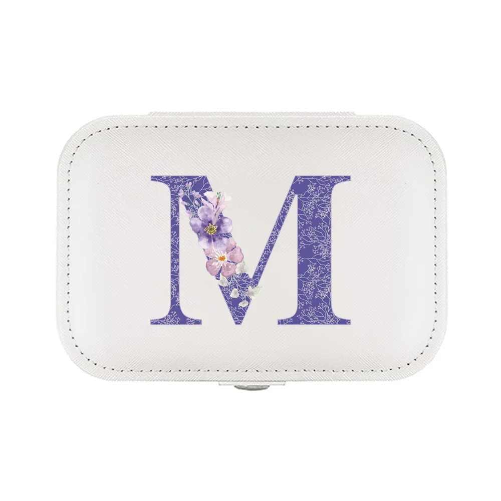 Jewelry Box Earrings Storage Bag Desktop Drawer Necklace Ring Holder PU Leather Organizer Display Blue Letters and Flowers 2023
