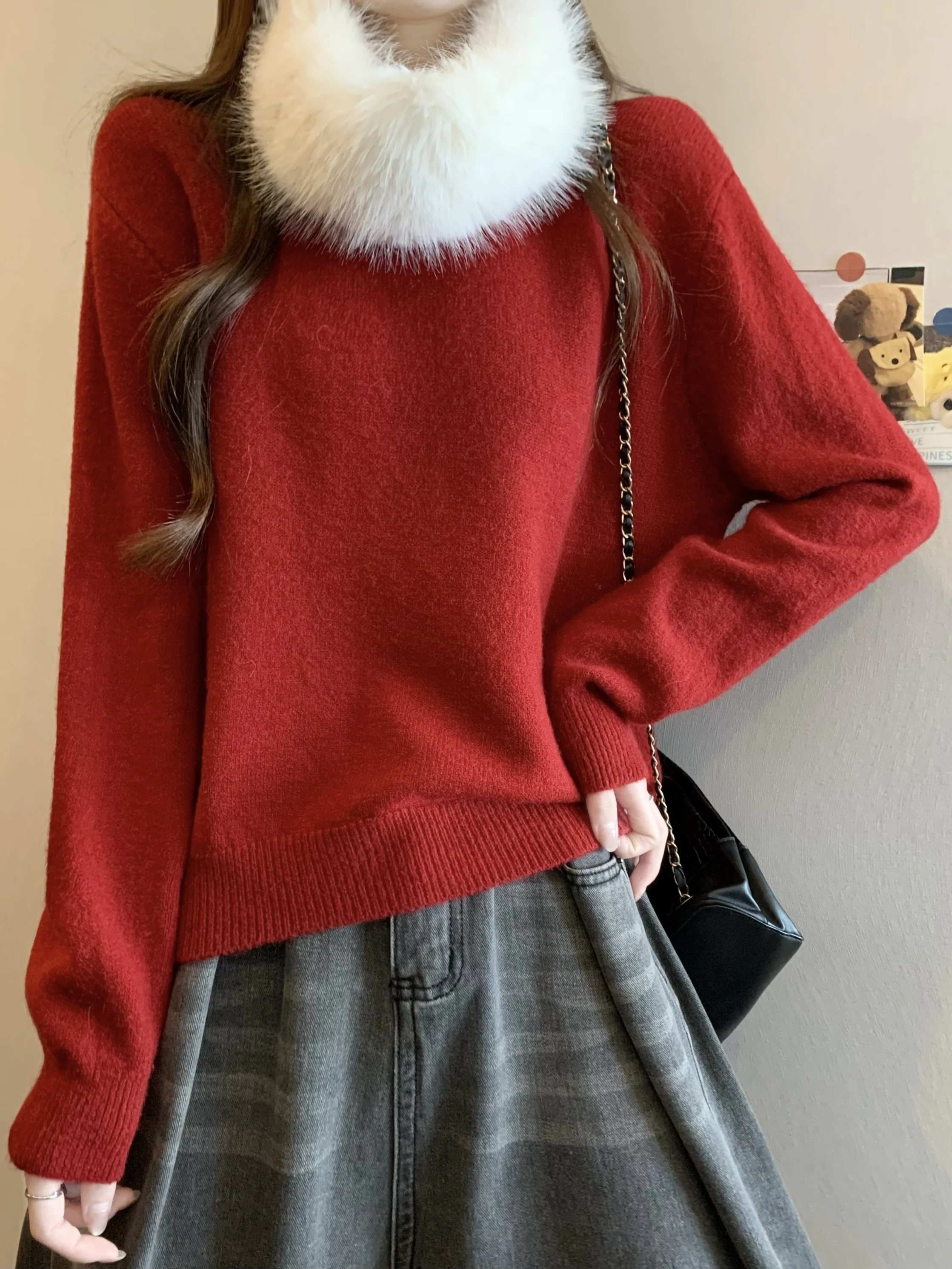 

Новогодний красный дизайн со съемным меховым воротником, мягкий уютный вязаный свитер, женский осенне-зимний свободный универсальный топ