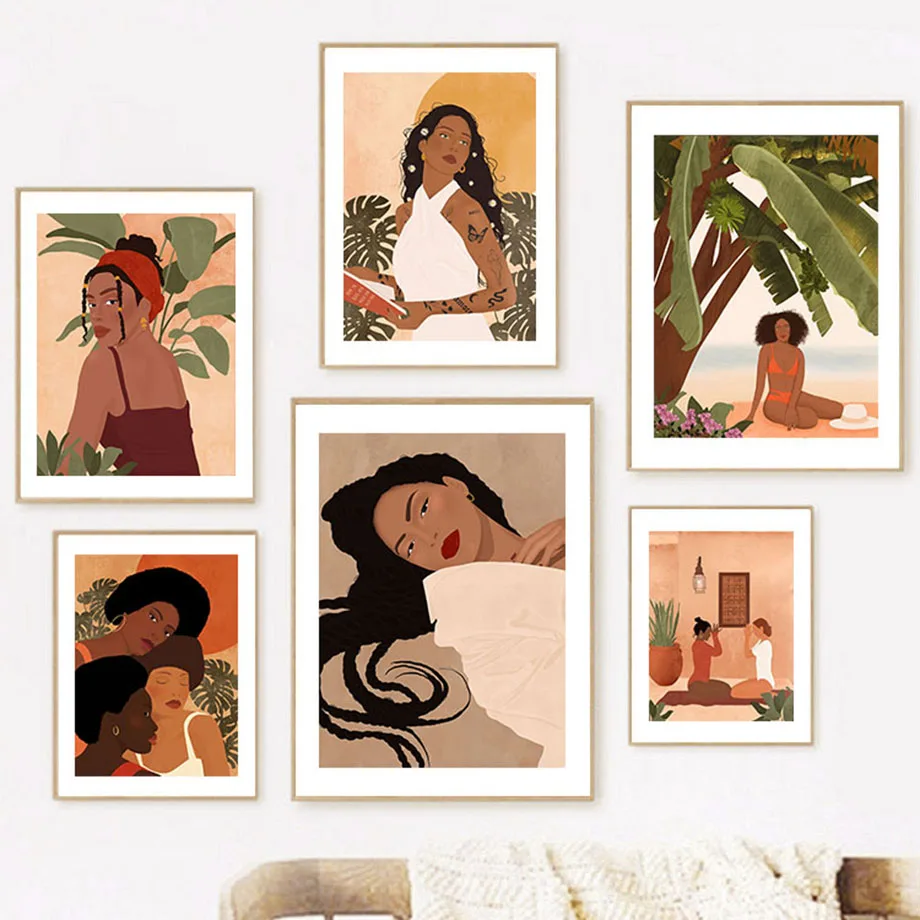 

Beach Black Girl Illustration Book Lover Yoga Wall Art Canvas Painting Nordic Posters And Prints Boho Pictures For Bedroom Decor