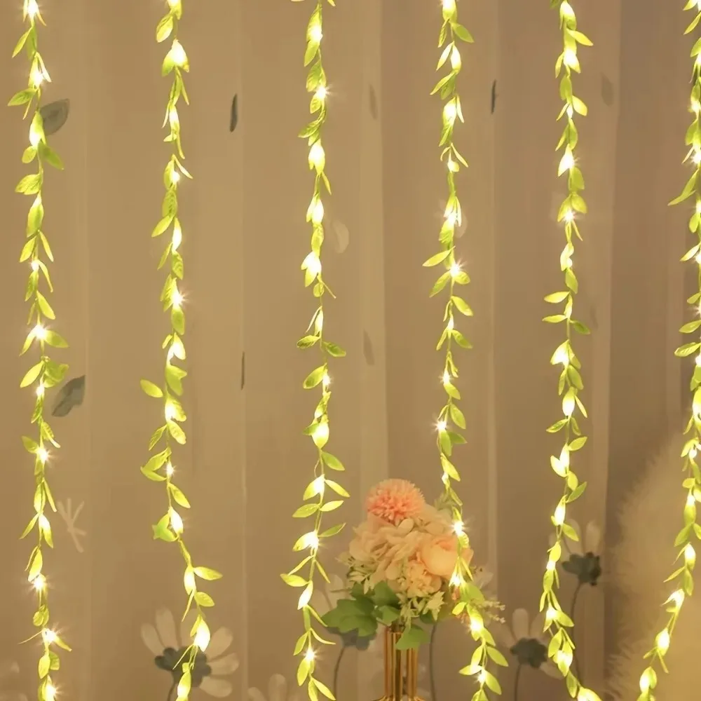 LED Leaf Garland String Lights Artificial Vine Hanging Lamp for Window Wall Bedroom Party Holiday Home Decoration