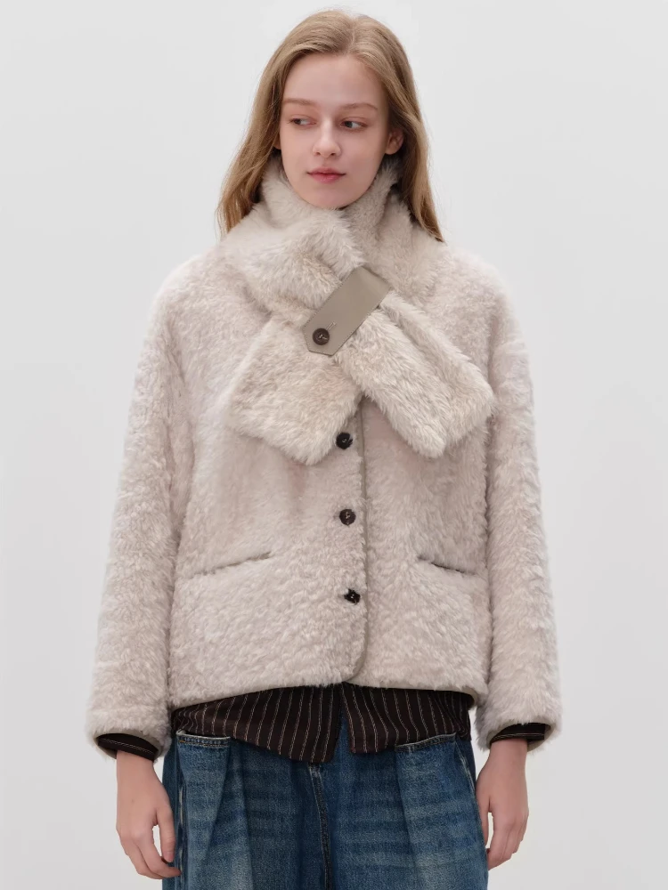 

High-end Luxury Lacon Lamb Fur Plush Jackets for Women 2026 Simple O-neck Short Winter Genuine Leather Real Fur Coat with Scarf