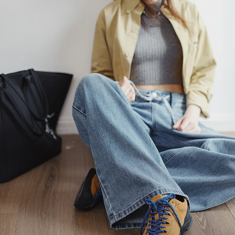 

Женские светло-голубые широкие джинсы Maden, винтажные прямые брюки с поясом на шнурке, летние повседневные брюки, потертые джинсы S, M, L, XL