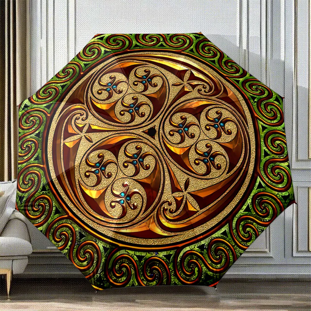 Vintage Celtic Spiral Pattern Green Gold Brown Print Umbrella portable waterproof sun rain umbrella for outdoor travel beach