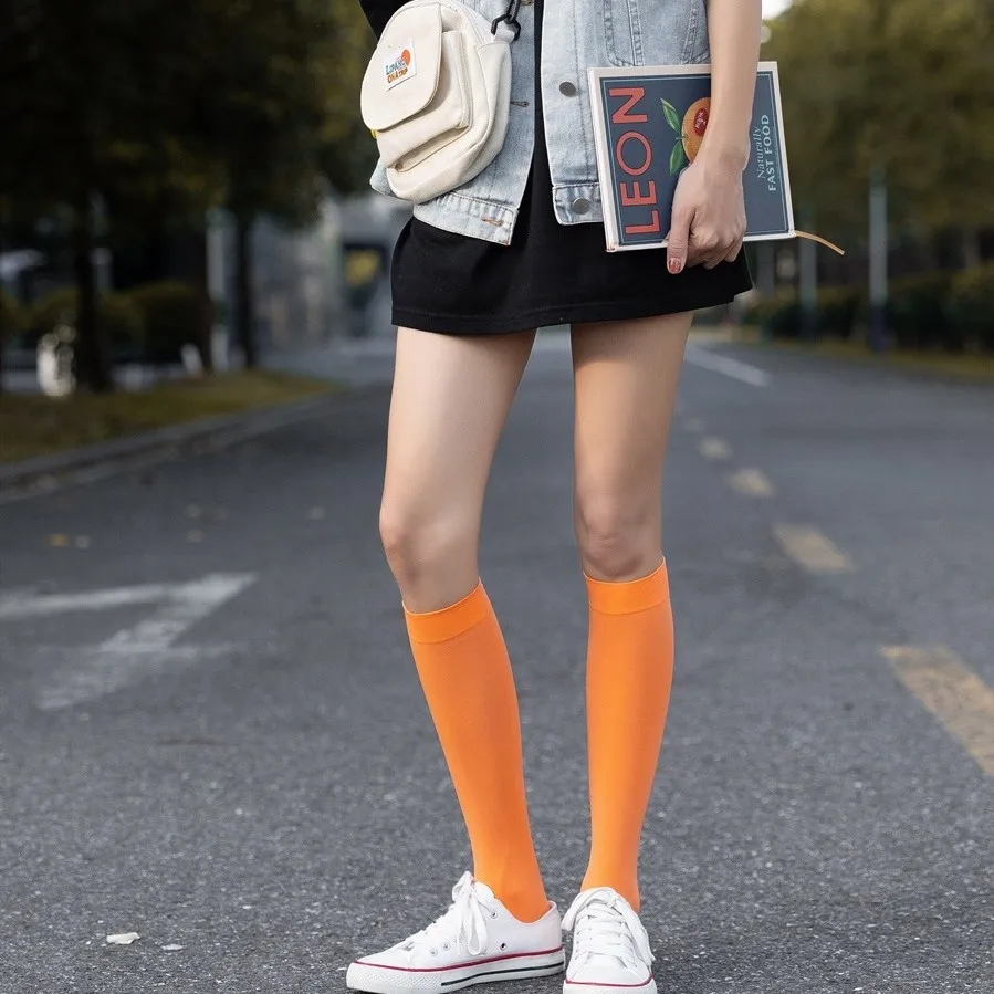 Velvet Calf Socks For Women 18 Candy Colors Knee Sock Female Solid Color Thin Socks JK Fashion Versatile Elasticity High Socks