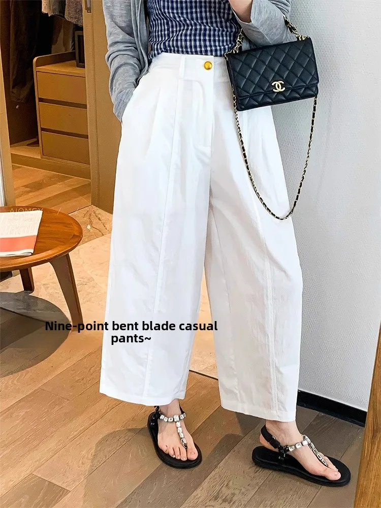 

Белые женские летние тонкие широкие брюки с высокой талией, свободного кроя, укороченные, для повседневной носки