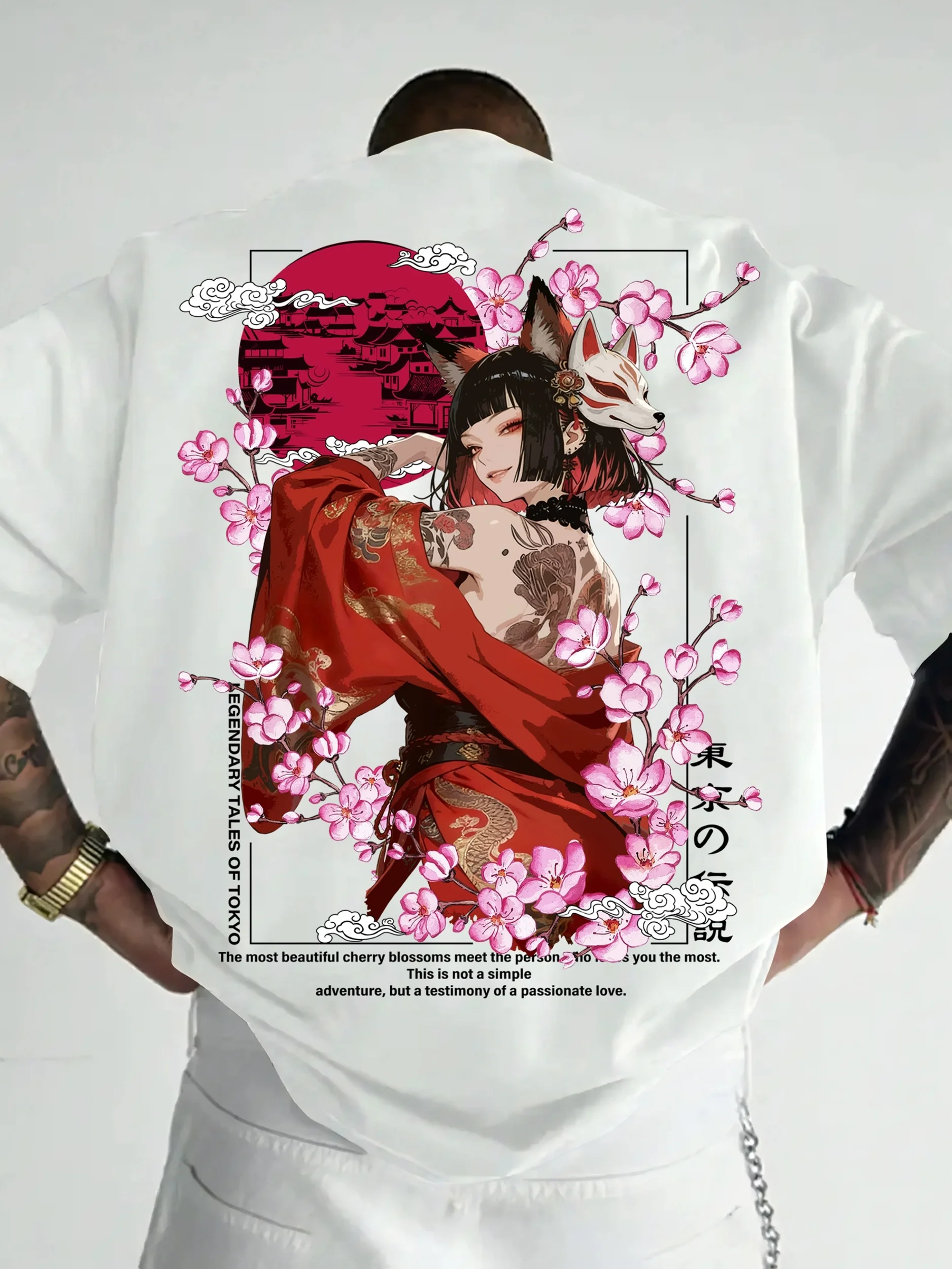 Japanischer Stil, Fuchsdämon, Geisha, Kirschblüten, Tokyo-Legende, japanischer Slogan, personalisiertes T-Shirt aus reiner Baumwolle für Männer und Frauen – Detail 3