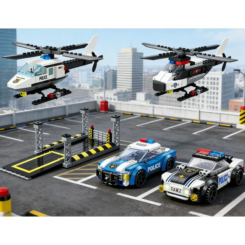 

Urban Traffic Series DIY Parking Lot Police Patrol Car Helicopter Assembly Model Building Blocks Classic Puzzle Toys Boy Gift