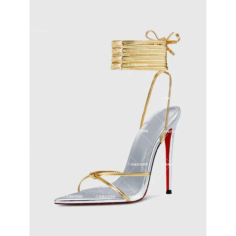 

Fashionable temperament new 12cm pointed thin cross strap high heels for women sexy silver fashion plus size sandals