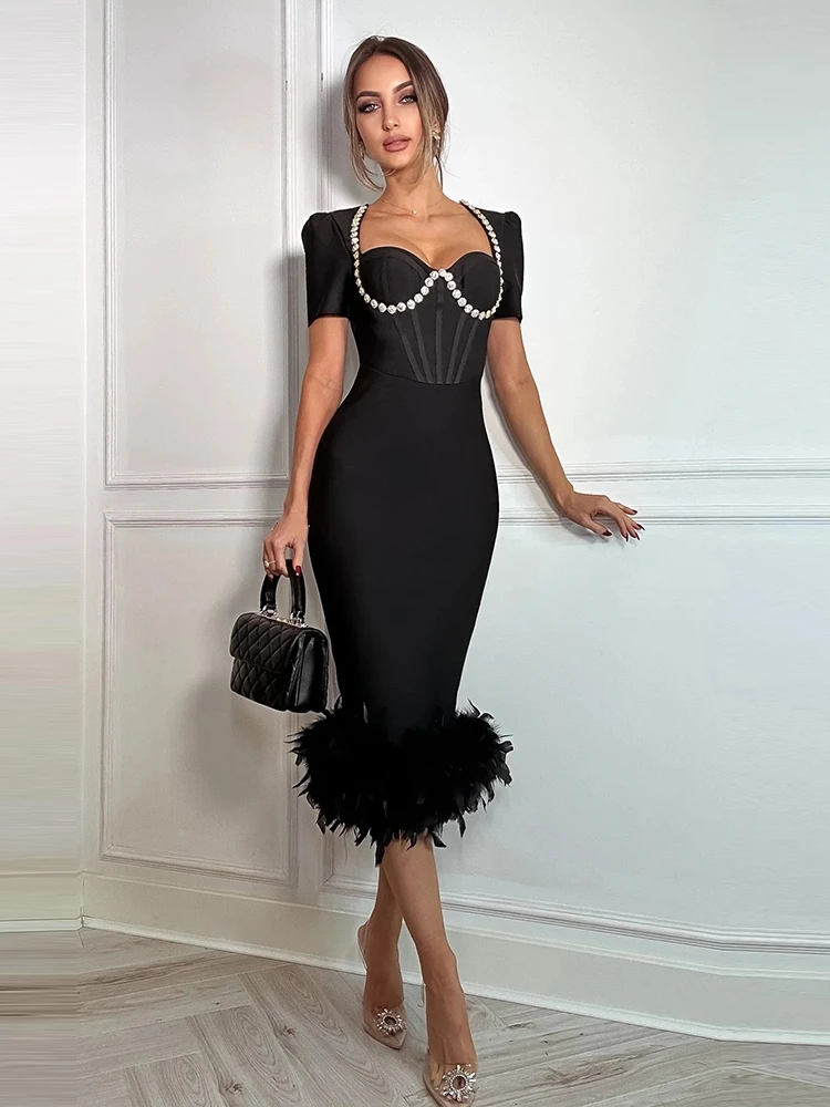 

Sexy Short Sleeves Diamonds Feathers Patchwork Bandage Dress Women Black V Neck Crystal Bodycon Dresses Winter Party Evening