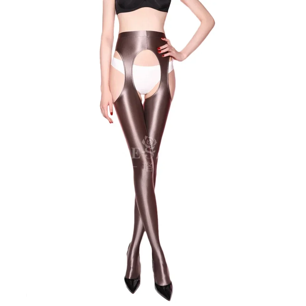 요가 댄스 피트니스 여성 속이 빈 팬티 스타킹 고탄력 쉐이핑 쉬어 펜슬 바지 오일 광택 가랑이없는 타이트 팬티 스타킹